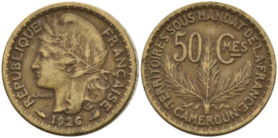 Камерун 50 сантимов 1926 (a), мондвор Париж KM 1 алюминиевая бронза 4169-1216