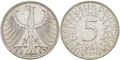 ФРГ 5 марок 1961 J, J. 387, KM 112.1 серебро 650-1321
