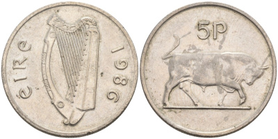 Ирландия 5 пенсов 1986 бык KM 22 медно-никель 4561-1211