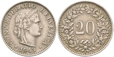 ШВЕЙЦАРИЯ 20 РАППЕНОВ 1943 В KM 29a медно-никель 55-657