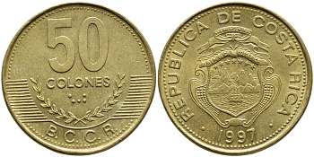 Коста-Рика 50 колонов 1997 B.C.C.R., год тип KM 231 латунь 3459-136