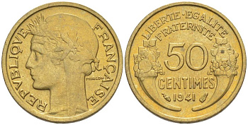ФРАНЦИЯ 50 САНТИМОВ 1941 ТИП MORLON KM 894.1, LE FRANC 192.18 алюминиевая бронза 44-656