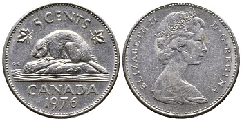 Канада 5 центов 1976 бобр, Елизавета II (1952-2022) KM 60.1 никель 4364-2433