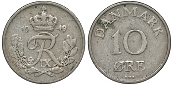 ДАНИЯ 10 ЭРЕ 1949 N; S, ФРЕДЕРИК IX (1947-1972) KM 841.1 медно-никель 62-513