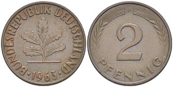 ФРГ 2 ПФЕННИГА 1963 F KM 106, J. 381 бронза 4181-735