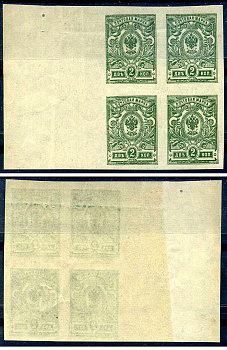 Россия квартблок, марка с номиналом 2 копейки 1917 Загорский 141b типография 8705-51-3-2