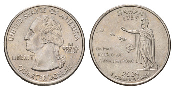 США 25 центов (квотер, 1/4 доллара) 2008 P, Квотер штата Гавайи KM 425 медь плакированный медно-никелем UNC 4629-213