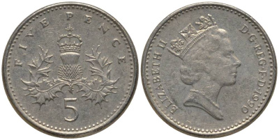 Великобритания 5 пенсов 1990 Елизавета II (1952-2022) KM 937b, Spink 4372 (D4) медно-никель 218-1259