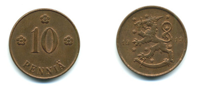 Финляндия 10 пенни 1919 KM 24 медь 37-143