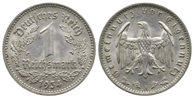 ГЕРМАНИЯ 1 РЕЙХСМАРКА 1934 А KM 78, J. 354 никель 4380-534
