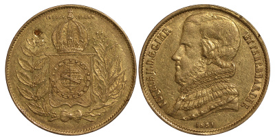 Бразилия 20000 рейс 1851 Педро II (1831-1889) KM 461 золото 10-009-08