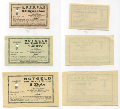 Польша, Торунь 50 грошей, 1 и 5 злотых 1939 оккупационный выпуск бумага aUNC - UNC (пресс) 451-278-1