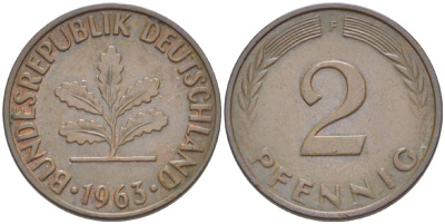 ФРГ 2 ПФЕННИГА 1963 F KM 106, J. 381 бронза 4181-735