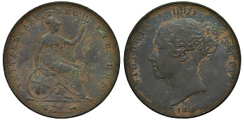 Великобритания 1 пенни 1856 Виктория (1837-1901), самый редкий год KM 739, Spink 3948 бронза 1524-311