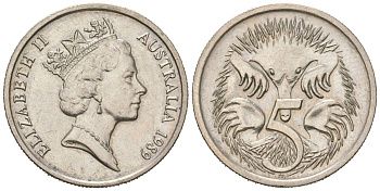 Австралия 5 центов 1989 Елизавета II (1952-2022), ехидна KM 80 медно-никель 96-1064