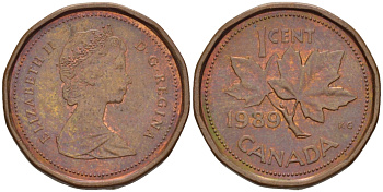 Канада 1 цент 1989 Елизавета II (1952-2022), кленовый лист KM 132 бронза 51-5063