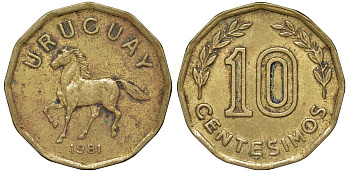 Уругвай 10 сентесимо 1981 KM 66 алюминиевая бронза 4169-465