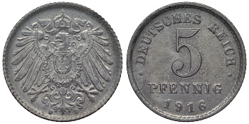 Германия 5 пфеннигов 1916 A KM 19, J. 297 железо aUNC 71-1051