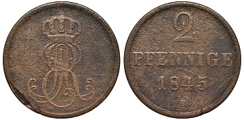 Ганновер 2 пфеннига 1845 B, Эрнст Август (1837-1851) KM 202.1, AKS 124, J. 75 медь 75-1822