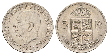 Швеция 5 крон 1972 U, Густав VI Адольф (1950-1973) KM 846 медь плакированная медно-никелем 183-351