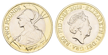 Великобритания 2 фунта 2018 Елизавета II (1952-2022), Возрождение Британии KM 1348, Spink K7 биметалл BU 1517-1542