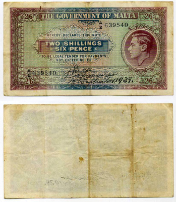 Мальта 2 шиллинга и 6 пенсов 1939 Георг VI (1936-1952) Pick 11 бумага 451-219-2