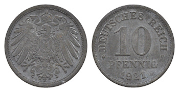Германия 10 пфеннигов 1921 KM 26, J. 299 цинк 4644-1222