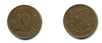 Финляндия 10 пенни 1921 республика (1918-1962) KM 24 медь 29-1143