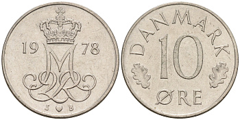 ДАНИЯ 10 ЭРЕ 1978 S; B, МАРГРЕТЕ II (1972-) KM 860.1 медно-никель 4564-1234