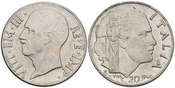 ИТАЛИЯ 20 ЧЕНТЕЗИМО 1940 R, ГОД XVIII, ВИКТОР ЭММАНУИЛ III (1900-1946), МАГНИТНАЯ, ГУРТ РИФЛЁНЫЙ KM 75b, VEM3. 1025 нержавеющая сталь 3853-515