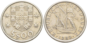 ПОРТУГАЛИЯ 5 ЭСКУДО 1980 ПАРУСНИК KM 591 медно-никель 4523-552