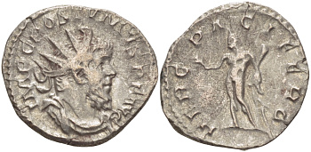 Римская Империя (императоры в Галлии) антониниан 260 - 269 Постум. IMP C POSTVMVS P F AVG / HERC PACIFERO, Геркулес с палицей, оливковой ветвью и львиной шкурой, Августа Треверов, Very fine RIC 67 биллон 1073-12-66