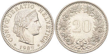 ШВЕЙЦАРИЯ 20 РАППЕНОВ 1989 В KM 29a медно-никель 55-1032