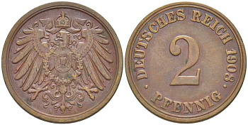 ГЕРМАНИЯ 2 ПФЕННИГА 1908 A KM 16, J. 11, Weege 4 медь 206-543