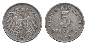 Германия 5 пфеннигов 1921 D KM 19, J. 297 железо плакированное цинком 4644-1125