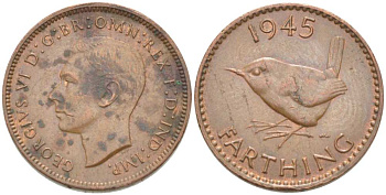 Великобритания 1 фартинг 1945 Георг VI (1936-1952) KM 843, Spink 4116 бронза 210-1251