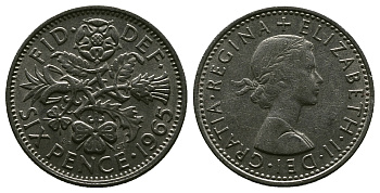 Великобритания 6 пенсов 1965 Елизавета II (1952-2022) KM 903, Spink 4149 медно-никель 4381-831