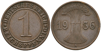 Германия 1 рейхспфенниг 1936 A KM 37, J. 313 бронза 4549-236