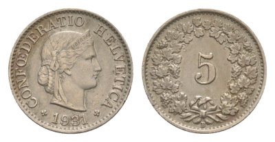 Швейцария 5 раппенов 1931 B KM 26 медно-никель 4630-1165
