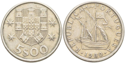 ПОРТУГАЛИЯ 5 ЭСКУДО 1980 ПАРУСНИК KM 591 медно-никель 4523-552