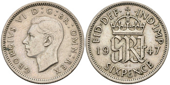 Великобритания 6 пенсов 1947 Георг VI (1936-1952) KM 875, Spink 4105 медно-никель 4596-1028
