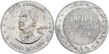 США памятный жетон ND SHELL, серия МИСТЕР Президент, ПЯТЫЙ Президент США ДЖЕЙМС МОНРО (1817-1825), диаметр 26 мм. алюминий 4571-457
