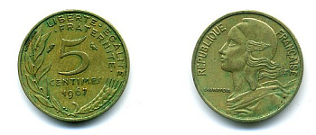 ФРАНЦИЯ 5 САНТИМОВ 1967 ТИП MARIANNE КМ 933 медь алюминий никель 3999-615