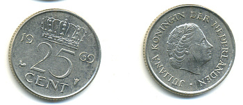 Нидерланды 25 центов 1969 Юлиана (1948-1980) KM 183 никель 83-1023