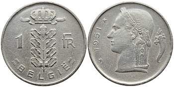 БЕЛЬГИЯ 1 ФРАНК 1951 BELGIE KM 143.1 медно-никель 4390-154