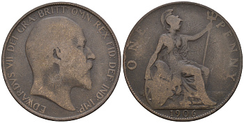 Великобритания 1 пенни 1906 Эдуард VII (1901-1910) KM 794.2, Spink 3990 бронза 4607-1015