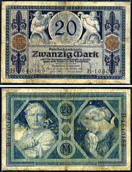 Германия 20 марок 1915 Pick 63 бумага 8617-34-1-2
