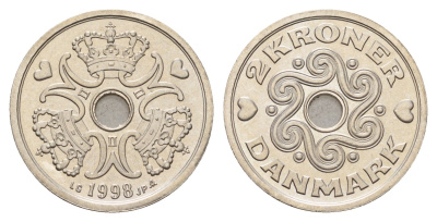 Дания 2 кроны 1998 Маргрете II (1972-2024) KM 874 медно-никель UNC 176-515