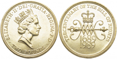 Великобритания 2 фунта 1989 Елизавета II (1952-2022), 300 лет "Биллю о правах" Англии KM 960, Spink 4313 никель латунь UNC 114-1134