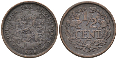 Нидерланды 1/2 цента 1928 Вильгельмина (1890-1948) KM 138 бронза 4576-454